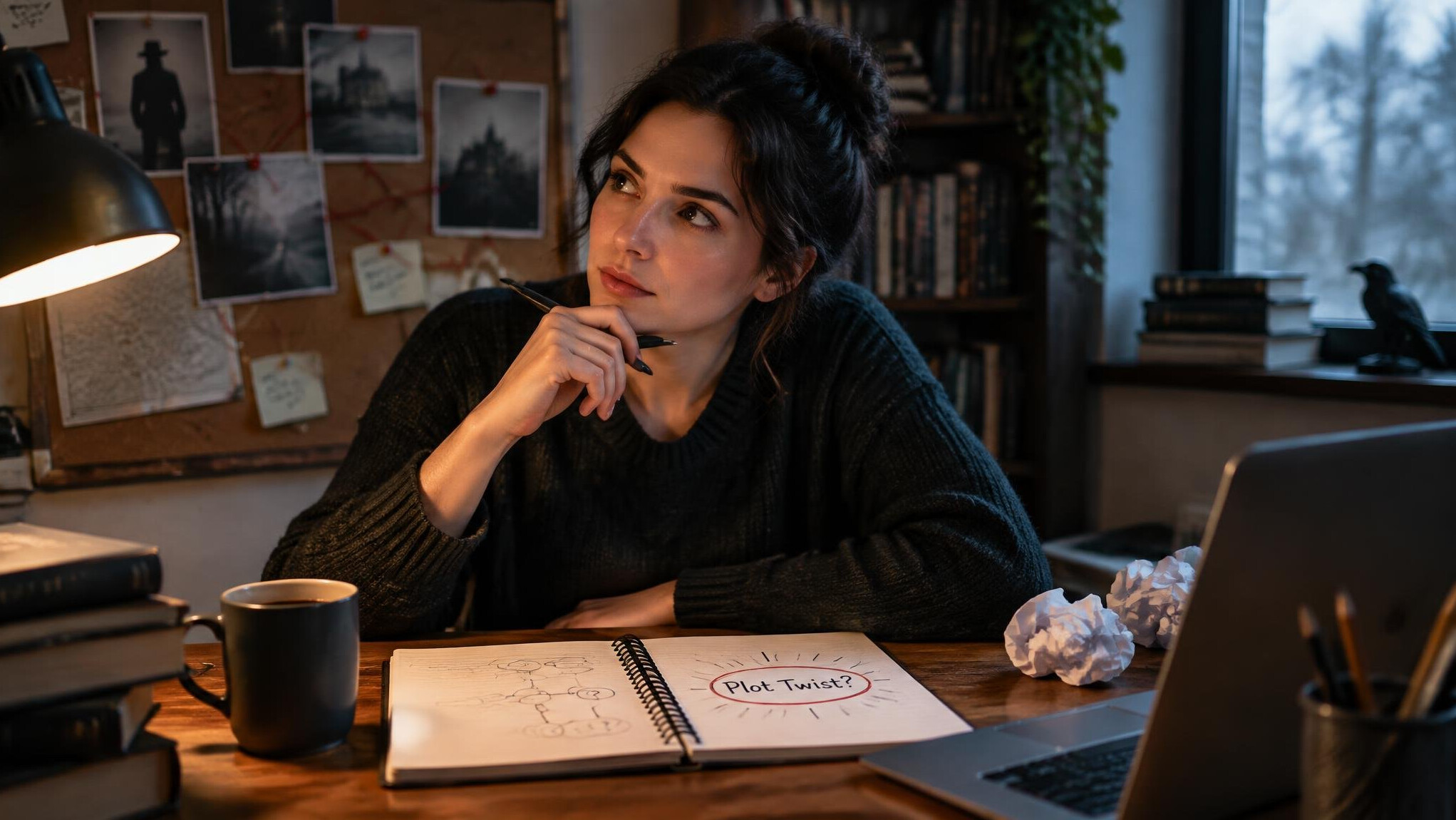 writer at desk with notebook