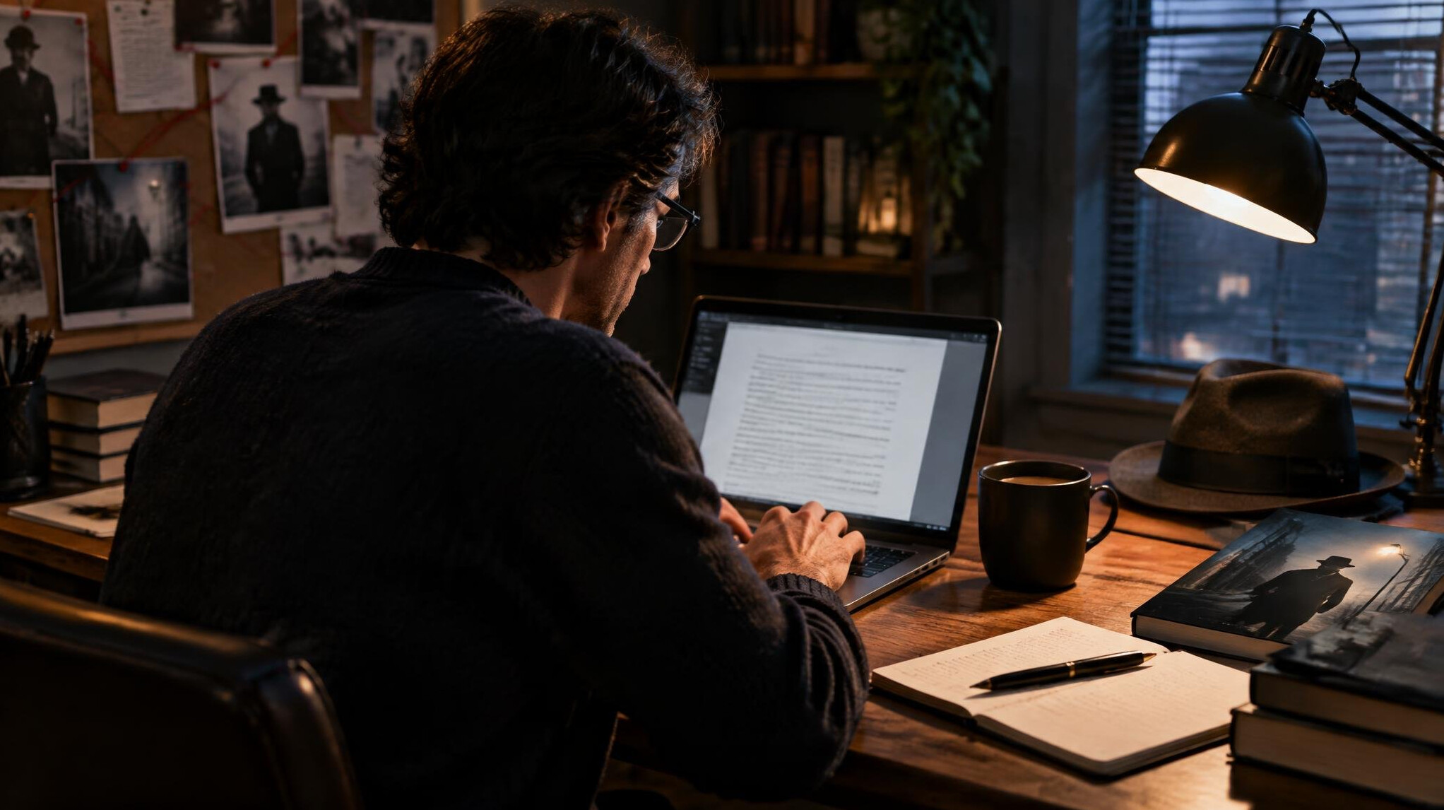 mystery writer at desk