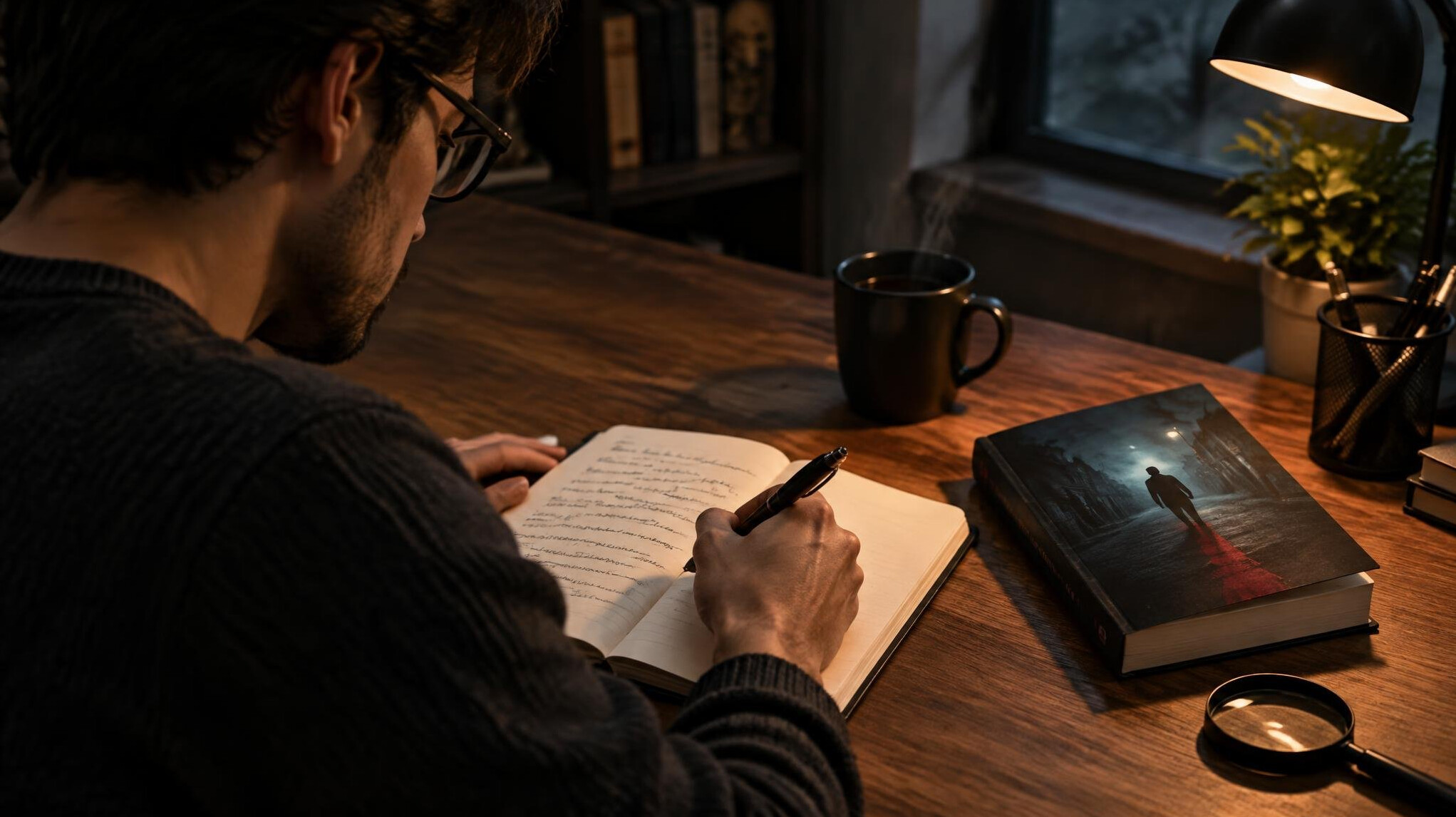 writer at desk with notebook