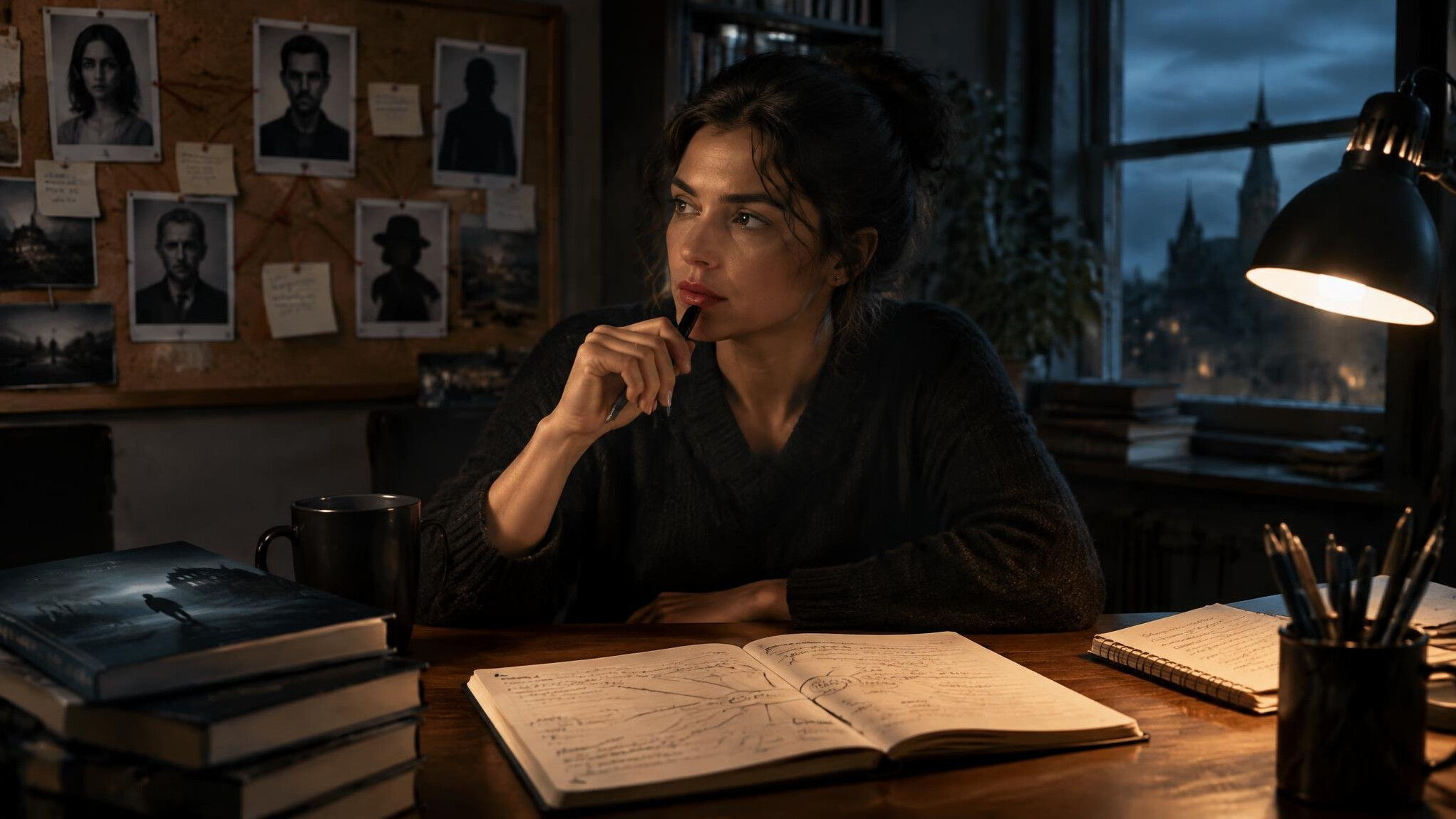mystery writer at desk