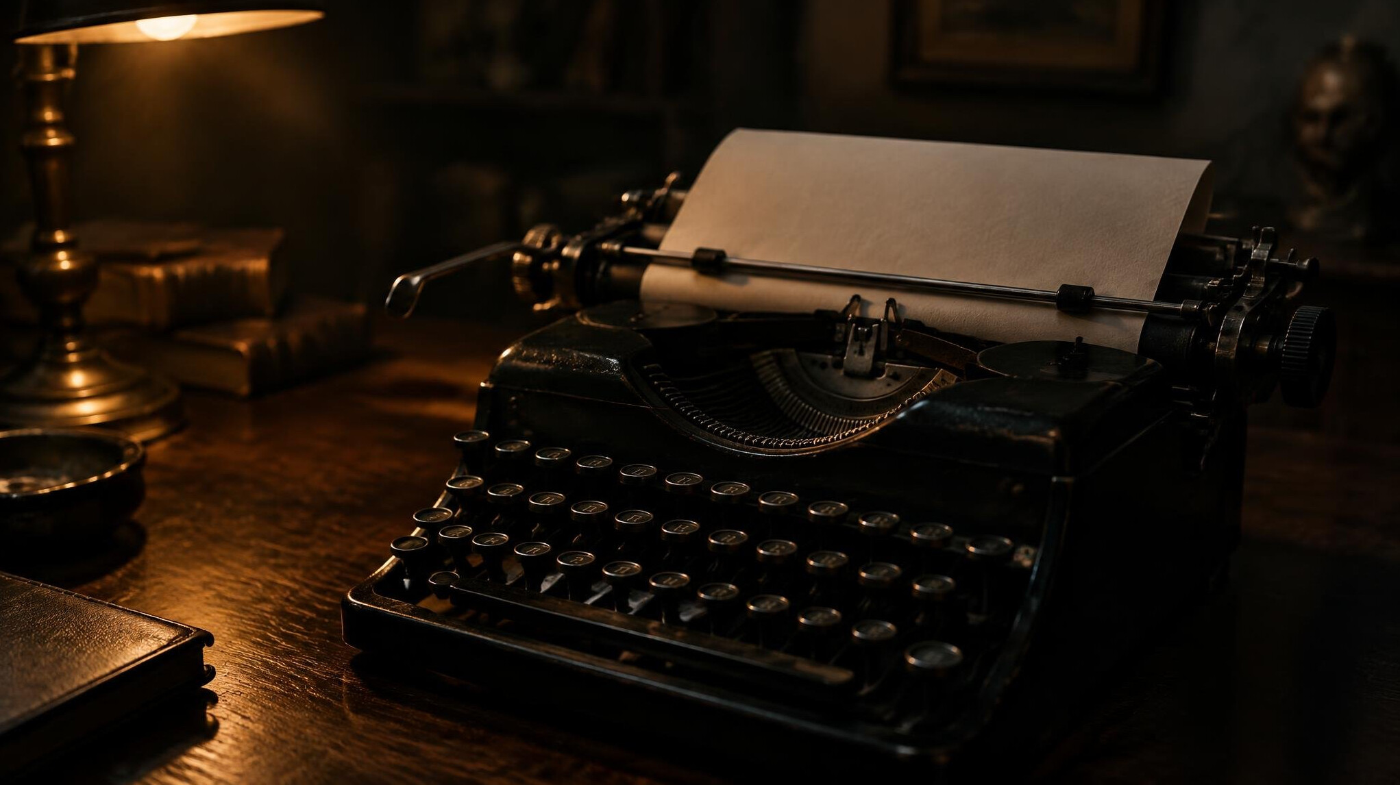 Old typewriter with a sheet of paper on a wooden desk