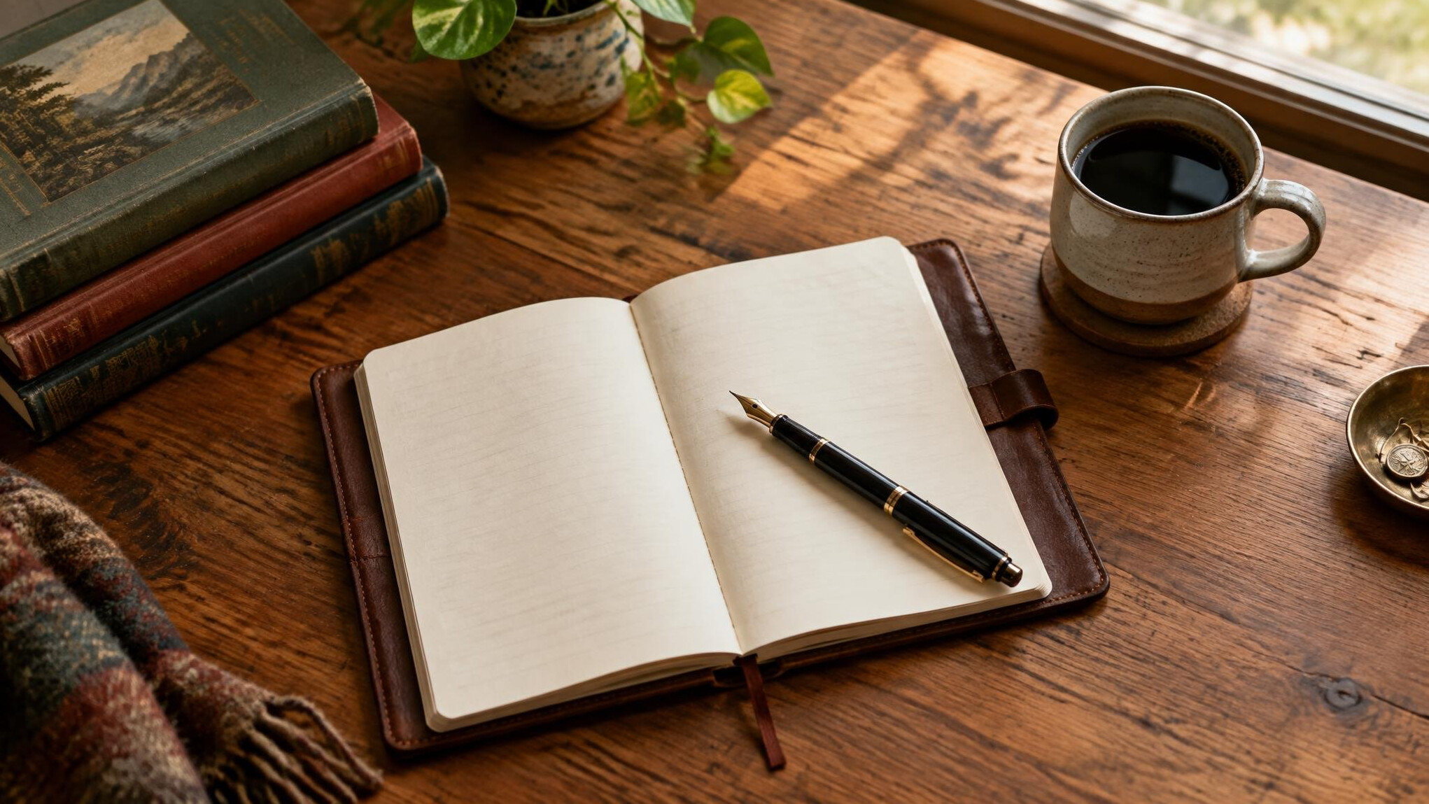 Writer's desk with notebook, fountain pen and cup of coffee